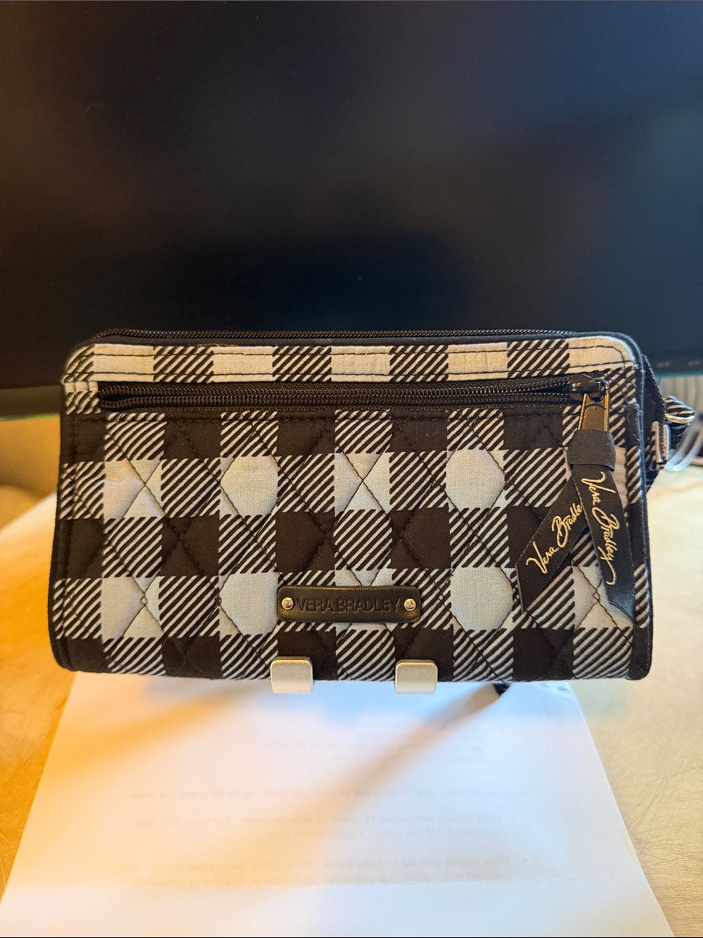 Vera Bradley RFID Zip-Around Wallet | Buffalo Plaid | Black & White | Excellent